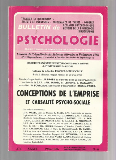 Couverture de Bulletin de psychologie n° 374 Tome XXXIX Conceptions de l'emprise et causalité psycho-sociale