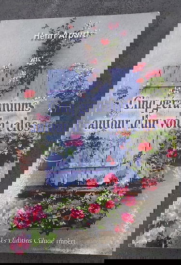 Cinq géraniums autour d'un volet clos